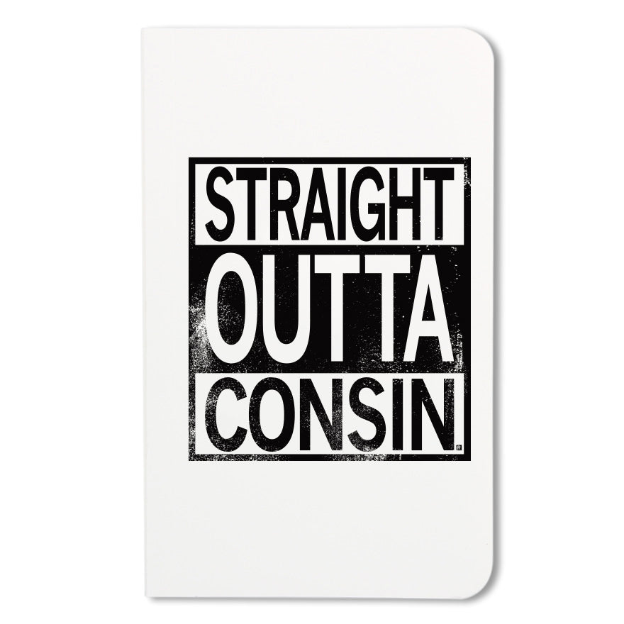 Lineless notebook with a square black ink print on the cover that says "Straight outta consin"