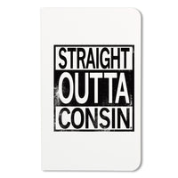 Lineless notebook with a square black ink print on the cover that says "Straight outta consin"