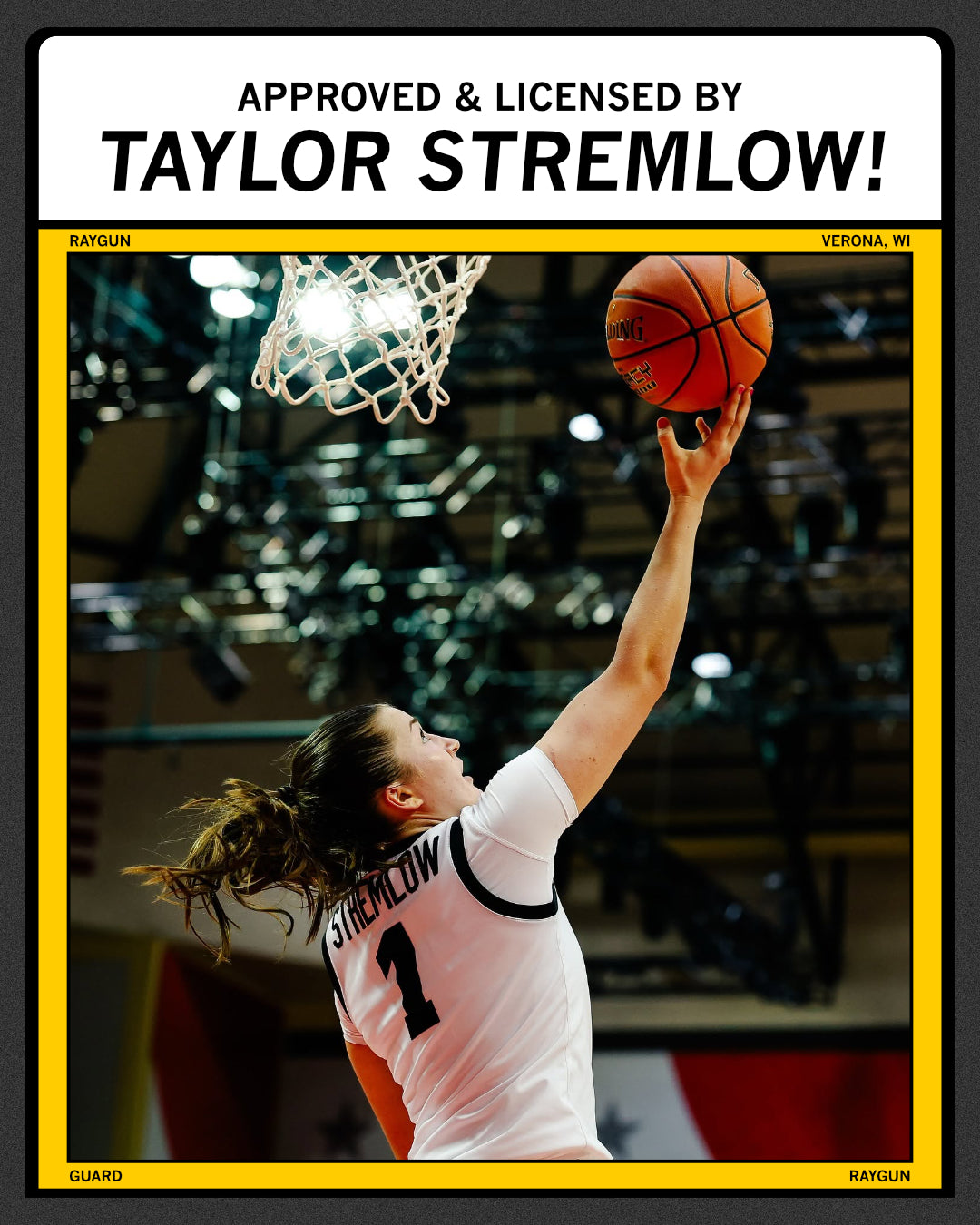 A basketball player in a heather mellow yellow t-shirt with the name STREMLOW and number 1 on the back reaches up to shoot toward the hoop, with text above reading APPROVED & LICENSED BY TAYLOR STREMLOW!.