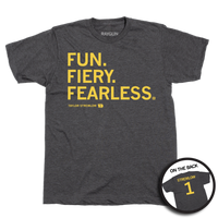 Charco t-shirt with gold left aligned in that reads "Fun. Fiery. Fearless. Taylor Stremlow 1" on the front and "Stremlow 1" printed on the back like a jersey.