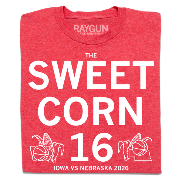 A folded heather red t-shirt with centered white ink text that reads 