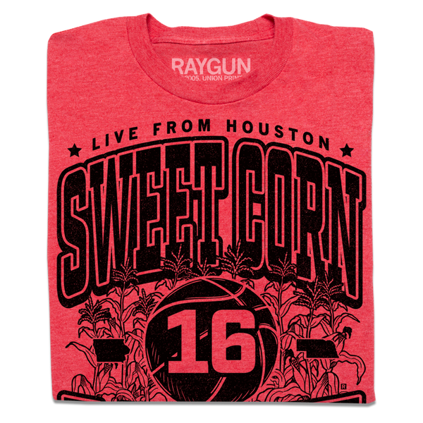 A folded heather red t-shirt with black ink text that reads 