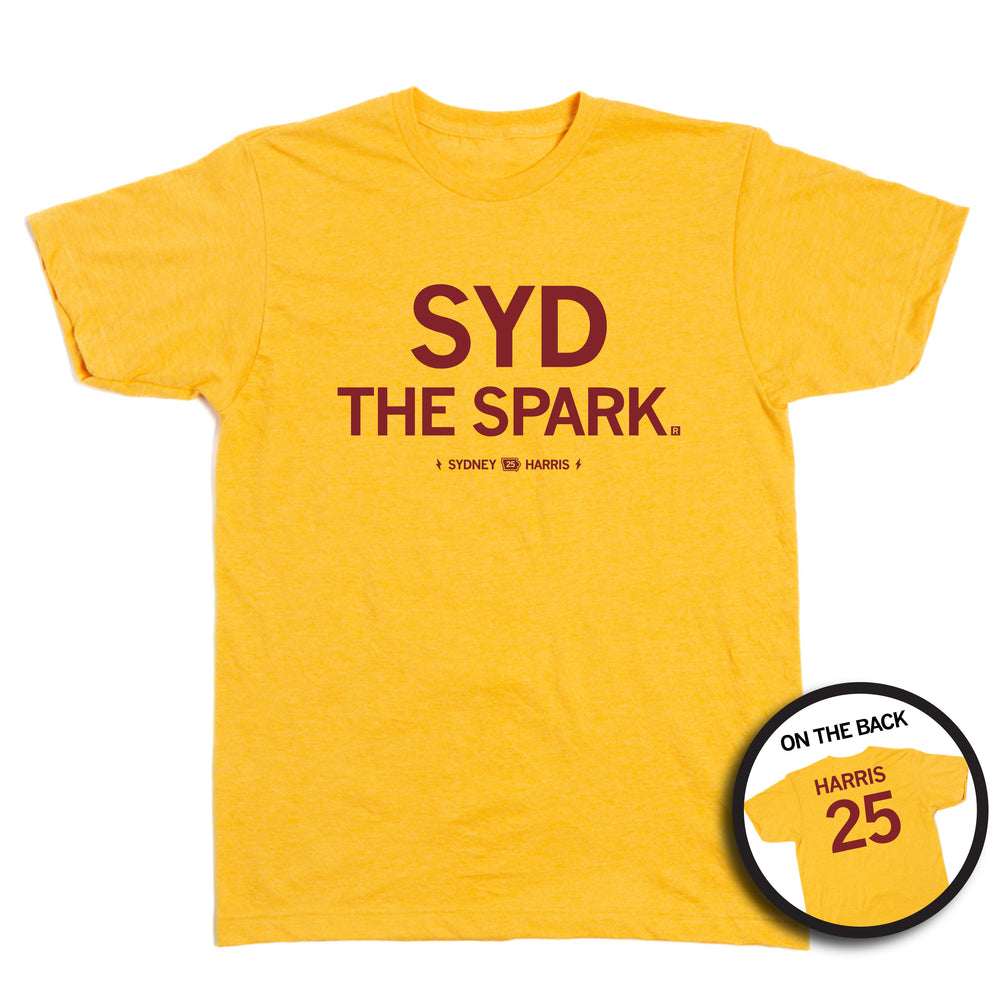 Heather mellow yellow t-shirt with cardinal ink that reads "Syd The Spark" over "Sydney 25 Harris" on the front. The back is laid out like a jersey and says, "Harris 25"
