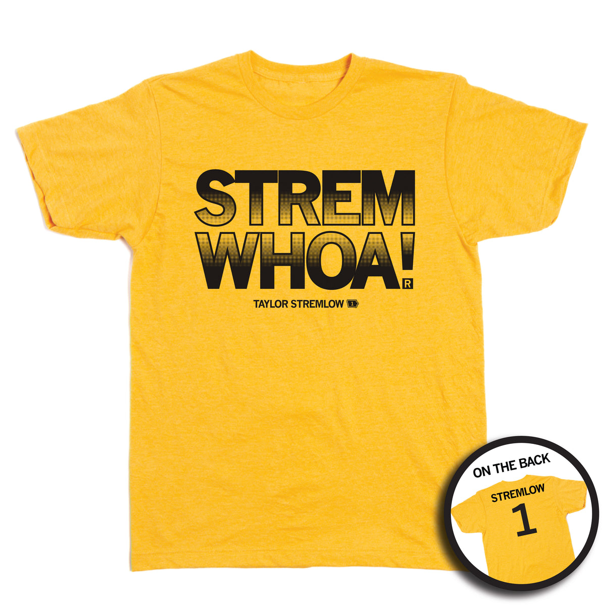 Heather mellow yellow t-shirt with STREM WHOA! printed on the front and STREM LOW 1 printed on the back.