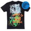 Black screen printed shirt featuring a cow illustration, an orange boombox, and the text I listened to NPR before it was cool and Power to the public.