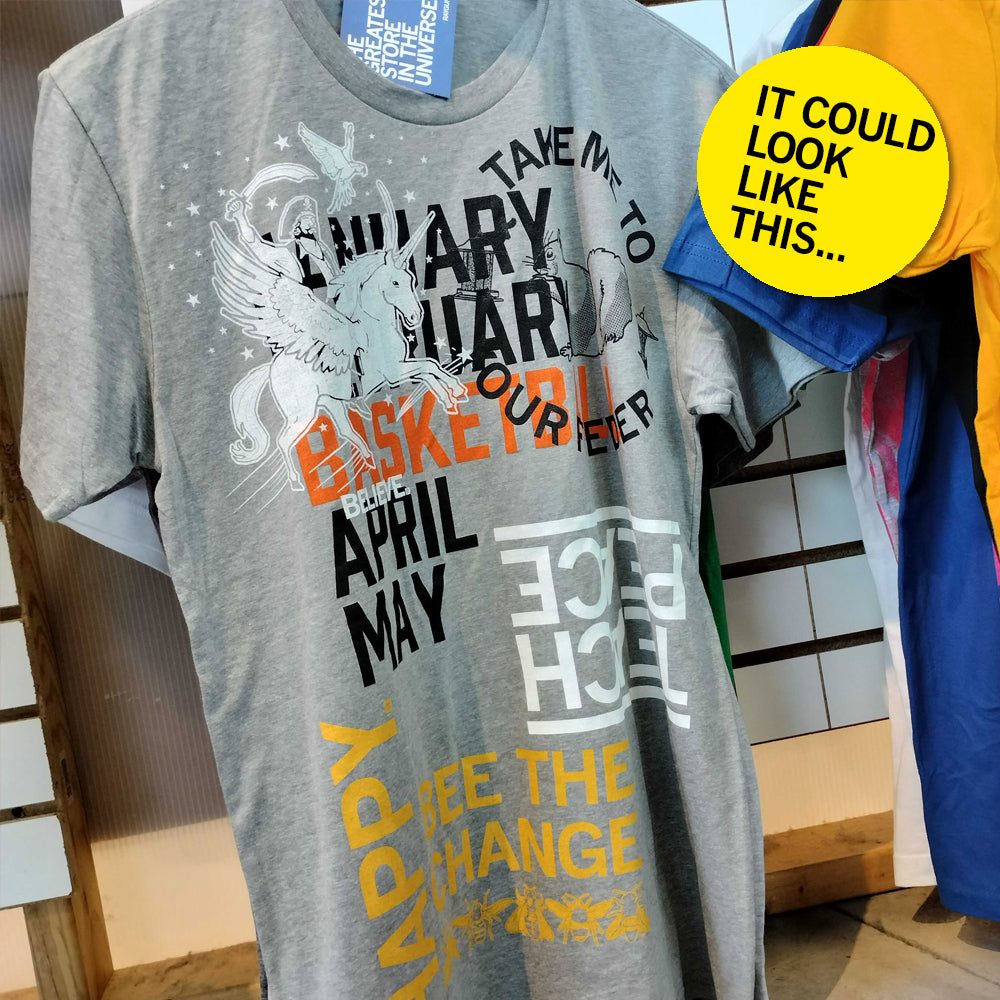 Grey screen printed T-shirt featuring a winged unicorn graphic and stacked text reading January, February, Basketball, April, May, and See the change, with a yellow sticker that says It could look like this...