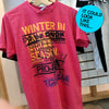 Pink union made T-shirt with the text WINTER IN THE ONION and other graphic designs, featuring a blue circular test print graphic overlay that reads, IT COULD LOOK LIKE THIS....
