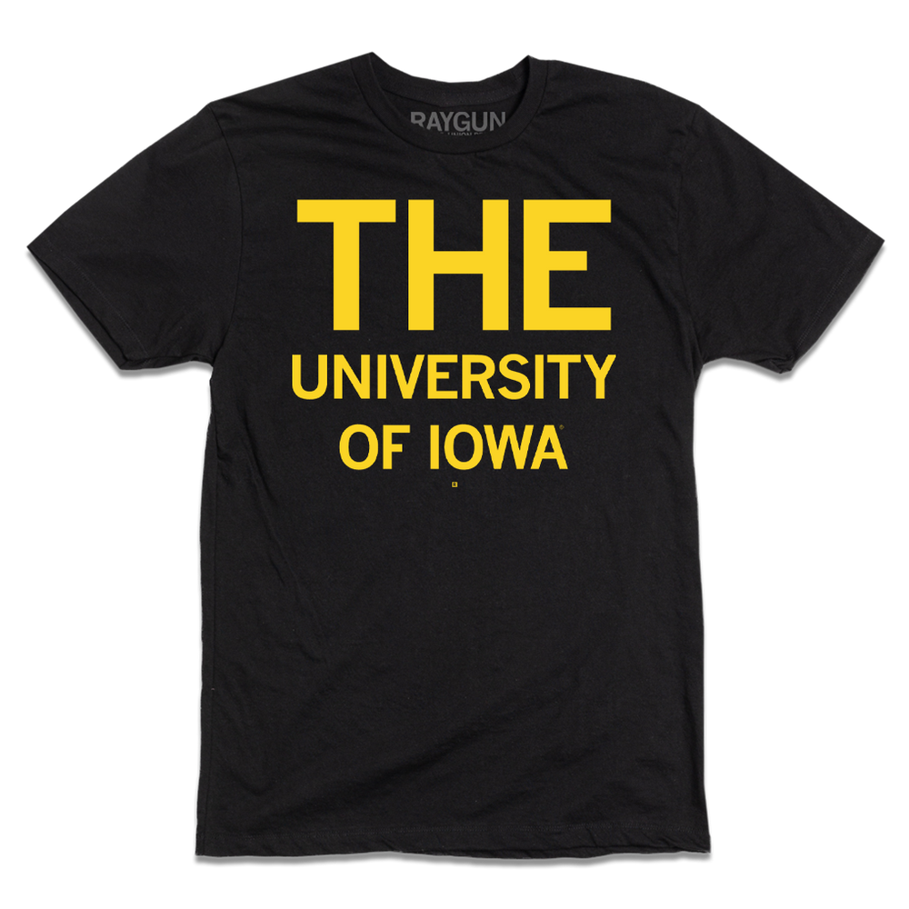 Short-sleeve black t-shirt with yellow ink that says, "THE" in huge print at the top with "UNIVERSITY OF IOWA" below.