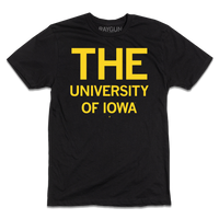 Short-sleeve black t-shirt with yellow ink that says, "THE" in huge print at the top with "UNIVERSITY OF IOWA" below.