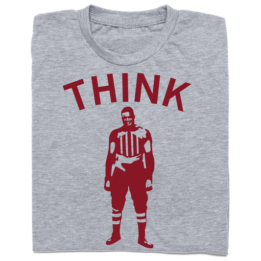Heather gray t-shirt featuring a red graphic of a football player and the word THINK arched above.