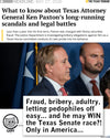 A Texas Tribune headline about Ken Paxton’s legal battles, featuring a photo of Paxton next to an overlay of an Only in America BBQ t-shirt graphic that lists his various allegations.
