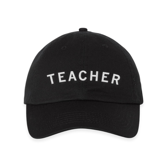 Black RAYGUN baseball cap with the word TEACHER embroidered in white lettering on the front.