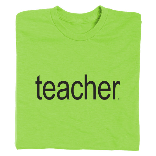 Bright lime green union made t-shirt with the word teacher printed in black letters across the chest.