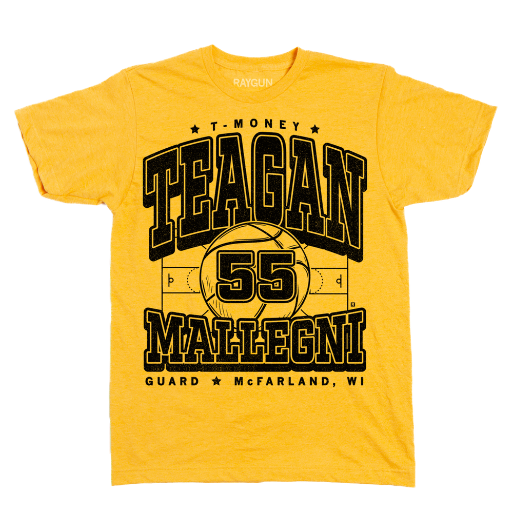 Heather mellow yellow t-shirt with blank ink print that says, "T-Money" in small font at the top. Below that is "Teagen Mallegni" with an illustration of a basketball court in the center and a large basketball with the number 55 in the middle of the court.