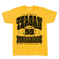 Heather mellow yellow t-shirt with blank ink print that says, "T-Money" in small font at the top. Below that is "Teagen Mallegni" with an illustration of a basketball court in the center and a large basketball with the number 55 in the middle of the court.