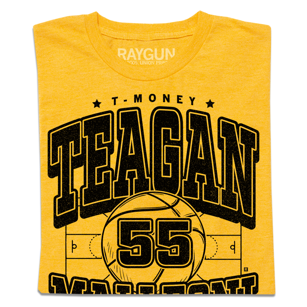 A heather gold tee with blank ink print that says, "T-Money" in small font at the top. Below that is "Teagen Mallegni" with an illustration of a basketball court in the center and a large basketball with the number 55 in the middle of the court.