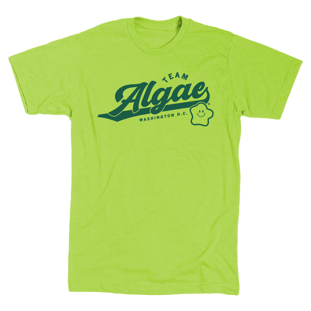Lime green shirt with forest green ink that says, "Team Algae. Washington, D.C." with a smiling algae mascot. It's laid out like a vintage sports shirt.