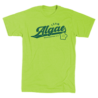 Lime green shirt with forest green ink that says, "Team Algae. Washington, D.C." with a smiling algae mascot. It's laid out like a vintage sports shirt.