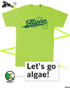 Bright lime t-shirt featuring Team Algae Washington D.C. text and a small smiley face icon on the chest, displayed alongside a cartoon turtle mascot and the phrase Lets go algae!.