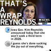 A Raygun social media graphic featuring a photo of Iowa Governor Kim Reynolds with the text THATS A WRAP, REYNOLDS. Below, user comments criticize her tenure and state she will not seek a third term for the Iowa T-shirt brand.
