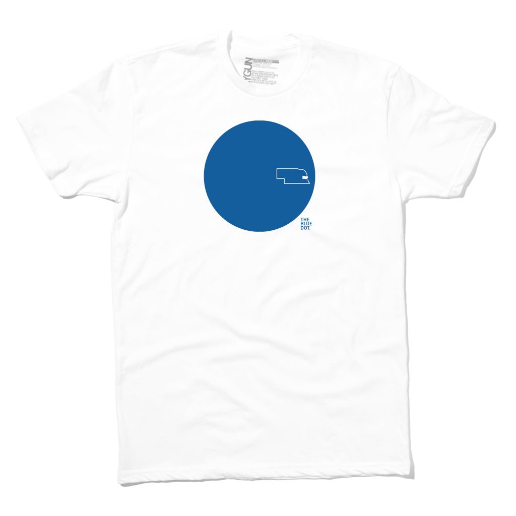 White union made t-shirt featuring a large blue circle containing a white outline of the state of Nebraska and the text THE BLUE DOT.