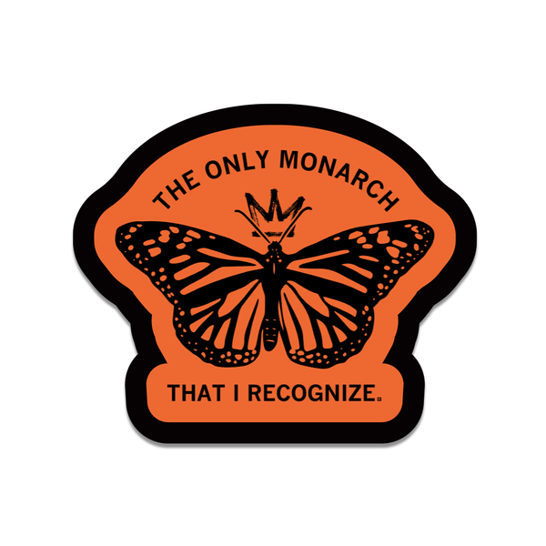 An orange die-cut sticker with a black boarder and black images that reads 