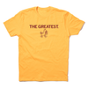 Short-sleeve gold t-shirt with centered cardinal print that says, "THE GREATEST" above a vintage Cy Iowa State logo of Cy angrily walking to the right.