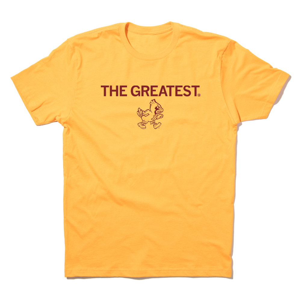 Short-sleeve gold t-shirt with centered cardinal print that says, "THE GREATEST" above a vintage Cy Iowa State logo of Cy angrily walking to the right.