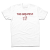 Short-sleeve white t-shirt with cardinal print text that says, "THE GREATEST" above a vintage Cy Iowa State logo of Cy walking to the right.