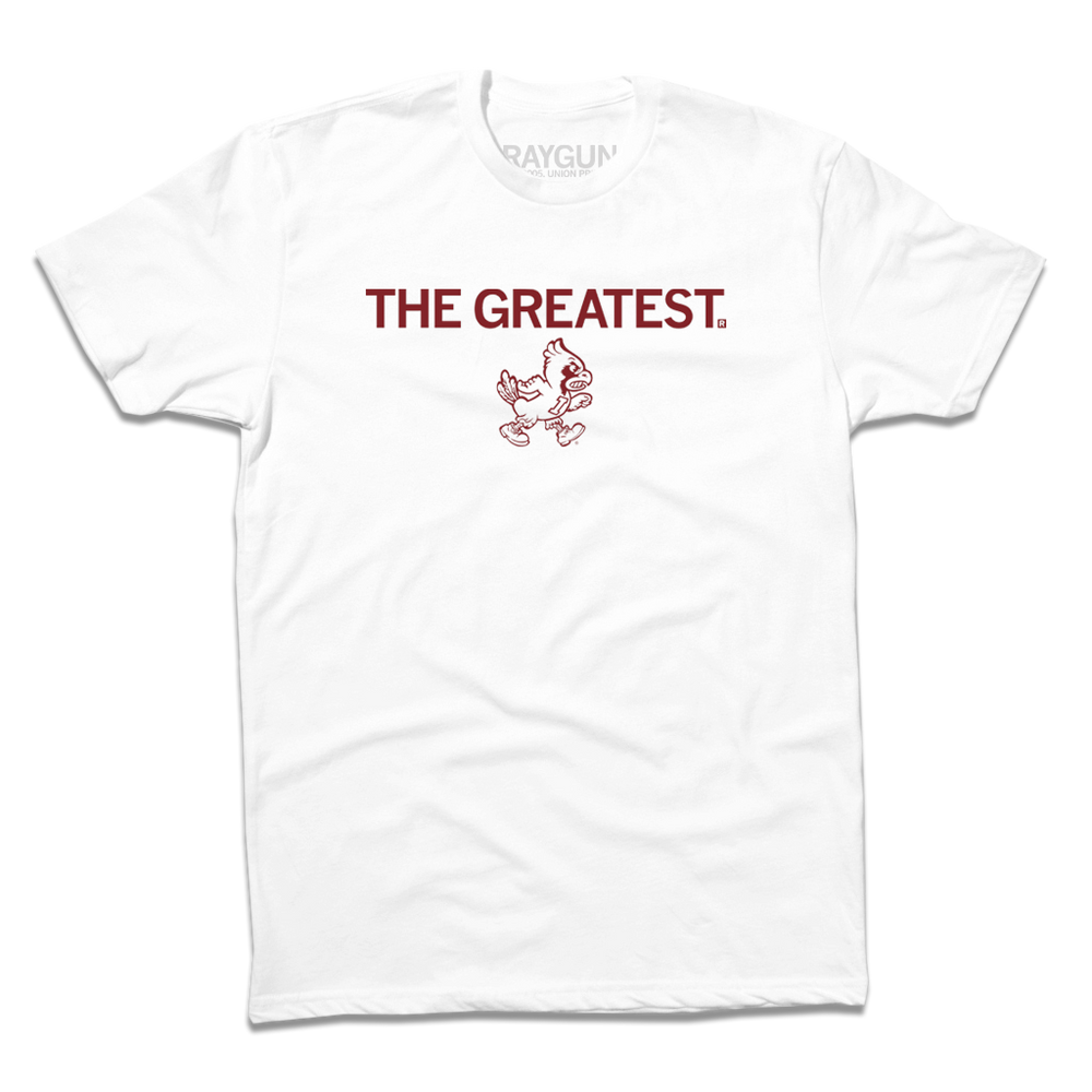 Short-sleeve white t-shirt with cardinal print text that says, "THE GREATEST" above a vintage Cy Iowa State logo of Cy walking to the right.