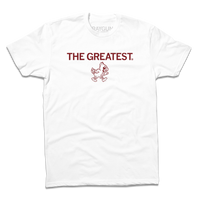 Short-sleeve white t-shirt with cardinal print text that says, "THE GREATEST" above a vintage Cy Iowa State logo of Cy walking to the right.