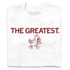 A folded white t-shirt with cardinal print text that says, "THE GREATEST" above a vintage Cy Iowa State logo of Cy walking to the right.
