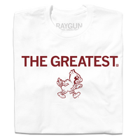 A folded white t-shirt with cardinal print text that says, "THE GREATEST" above a vintage Cy Iowa State logo of Cy walking to the right.