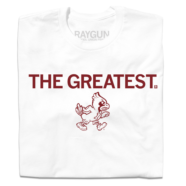A folded white t-shirt with cardinal print text that says, 