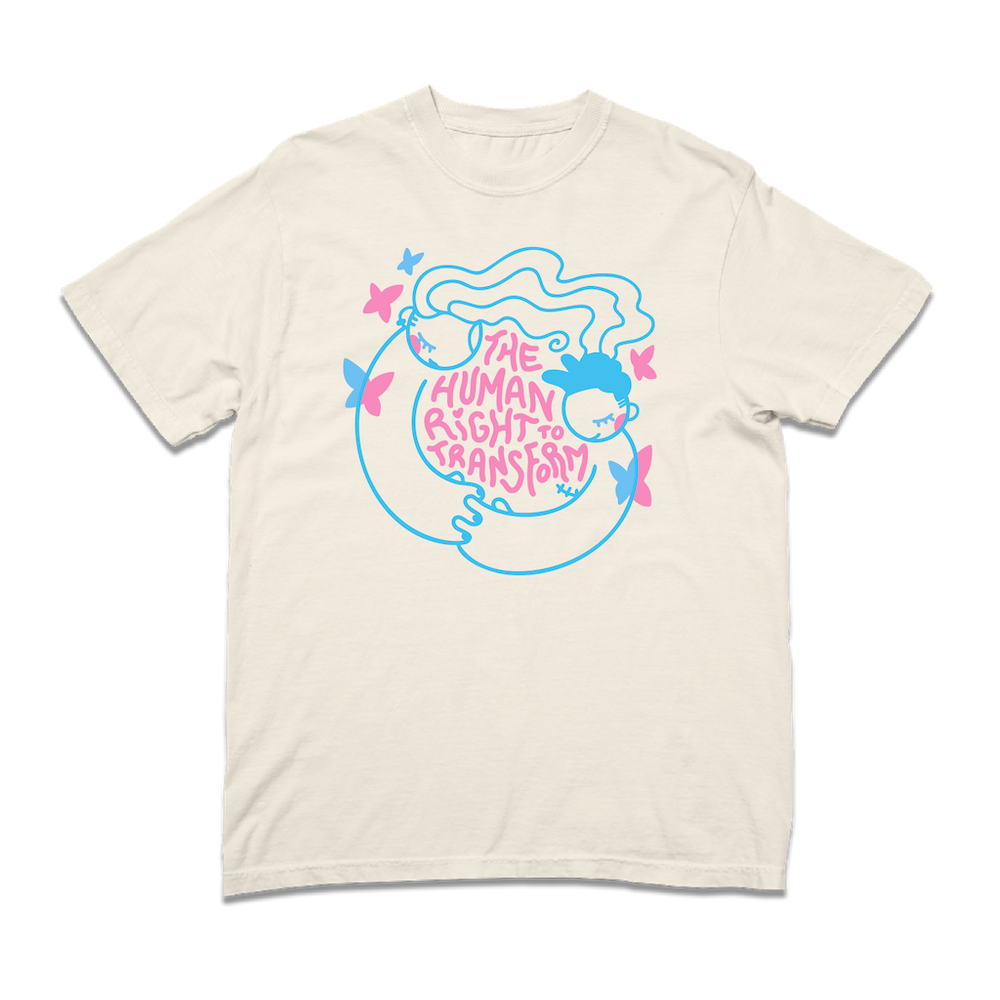 Heavyweight ivory t-shirt with neon pink and blue print depicting two people holding hands around text that says, "The Human Right To Transform" with some butterflies flying around the sides.