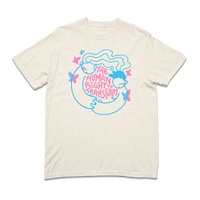 Heavyweight ivory t-shirt with neon pink and blue print depicting two people holding hands around text that says, "The Human Right To Transform" with some butterflies flying around the sides.