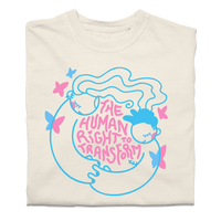 A folded off white t-shirt with neon pink and blue print depicting two people holding hands around text that says, "The Human Right To Transform" with some butterflies flying around the sides.