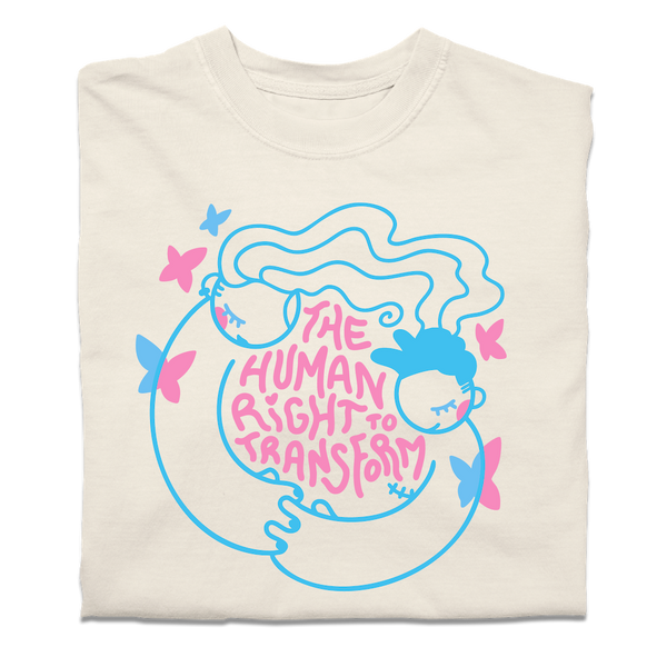 A folded off white t-shirt with neon pink and blue print depicting two people holding hands around text that says, 