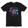Black t-shirt with bright pink and blue print depicting two people holding hands around text that says, "The Human Right To Transform" with some butterflies flying around the sides.