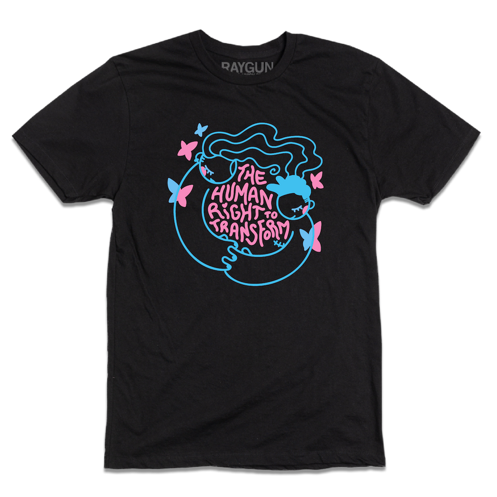 Black t-shirt with bright pink and blue print depicting two people holding hands around text that says, "The Human Right To Transform" with some butterflies flying around the sides.