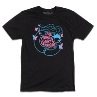 Black t-shirt with bright pink and blue print depicting two people holding hands around text that says, "The Human Right To Transform" with some butterflies flying around the sides.