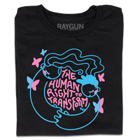 A folded black t-shirt with neon pink and blue print depicting two people holding hands around text that says, "The Human Right To Transform" with some butterflies flying around the sides.