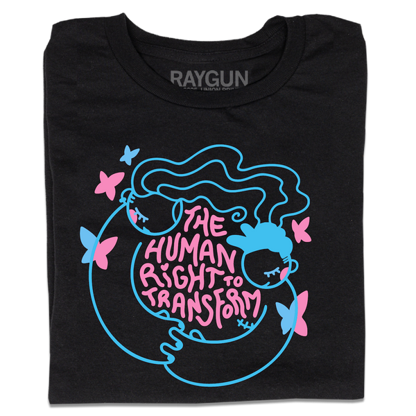 A folded black t-shirt with neon pink and blue print depicting two people holding hands around text that says, 