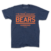Heather navy t-shirt with orange ink print that says, "The I'm From Chicago Bears. Hammond Indiana"