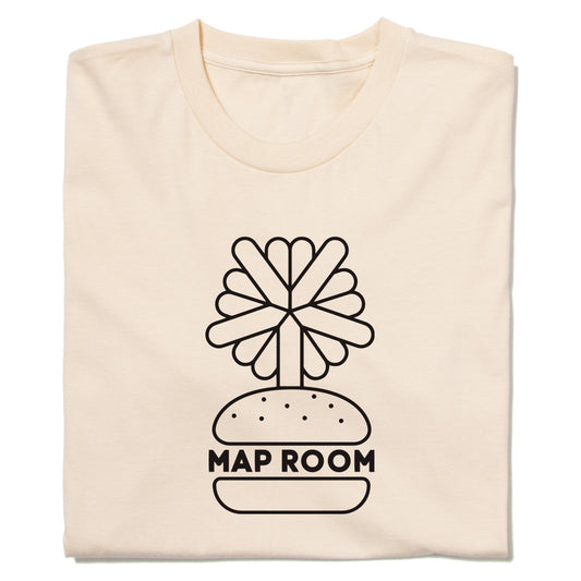 Cream-colored Map Room Cedar Rapids t-shirt featuring a black line-art graphic of a potted plant shaped like a compass rose with the text MAP ROOM.