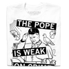 White RAYGUN t-shirt featuring a black and white graphic of the Pope wearing a Chicago White Sox cap with a pigeon on his shoulder and the text THE POPE IS WEAK ON CRIME.