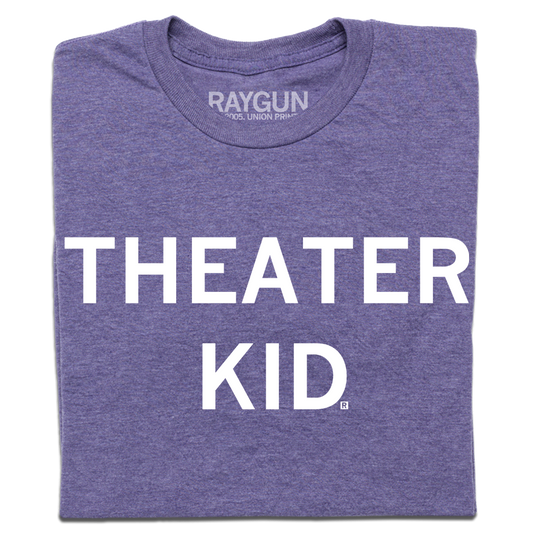 A folded heather purple t-shirt with centered white text that says "Theater Kid"