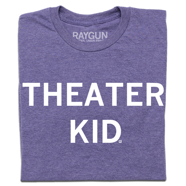 A folded heather purple t-shirt with centered white text that says 