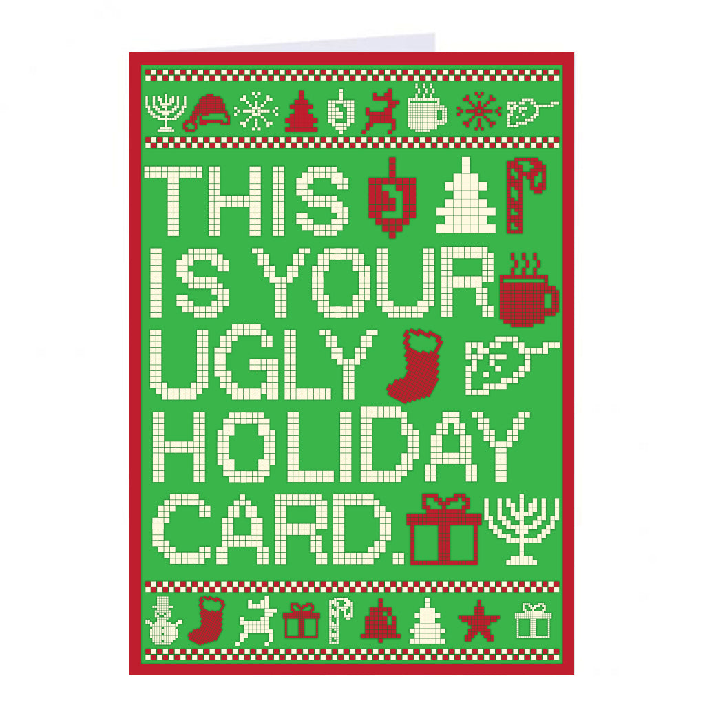 A RAYGUN ugly holiday sweater greeting card with a green pixelated background featuring the text THIS IS YOUR UGLY HOLIDAY CARD surrounded by icons of ornaments, trees, stockings, and gifts.