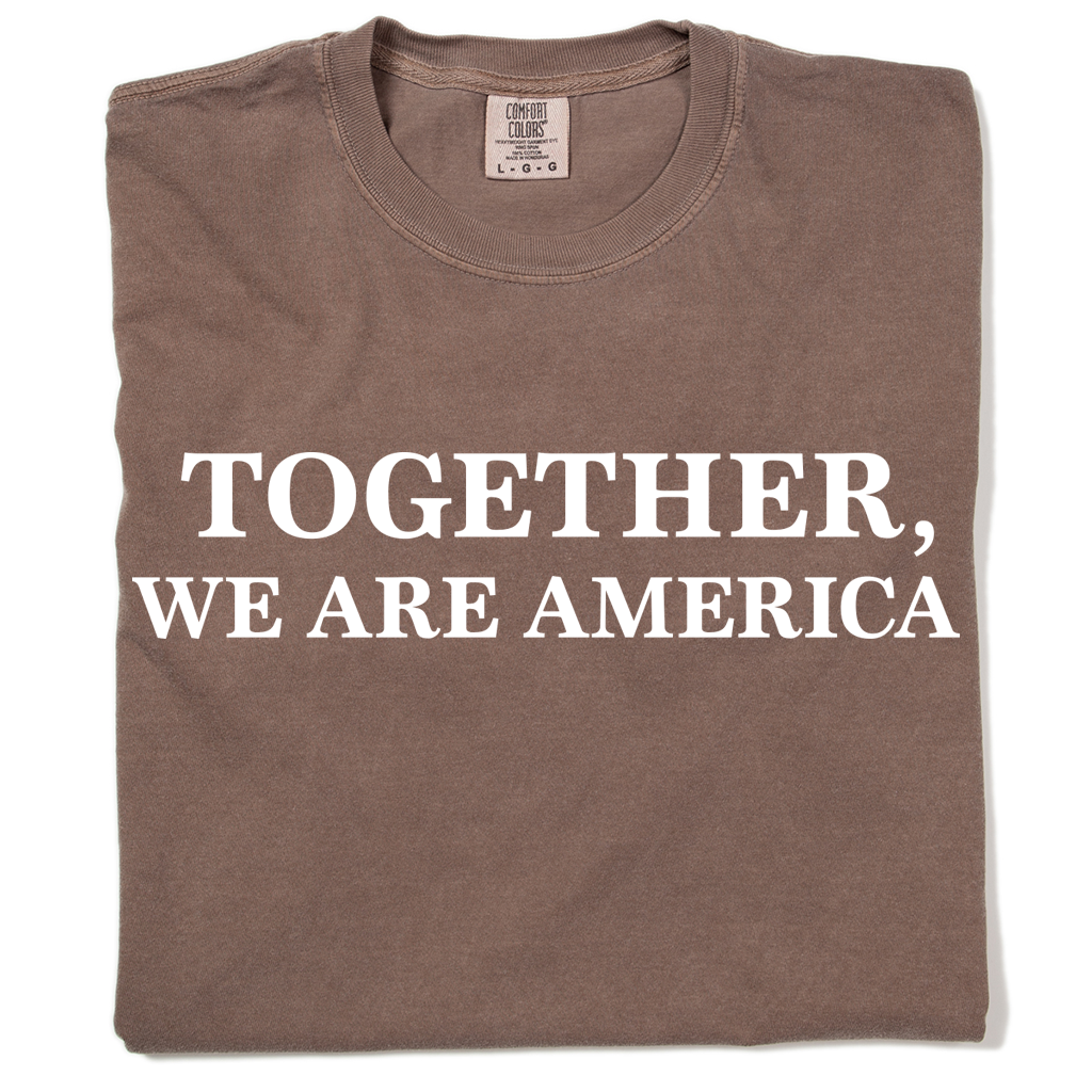 A brown, garment-dyed heavyweight crewneck t-shirt with the text TOGETHER, WE ARE AMERICA printed in white on the front.